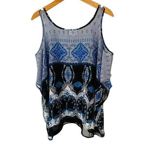 Arianna by Howard’s OS black blue white boho print sheer cold shoulder tunic top